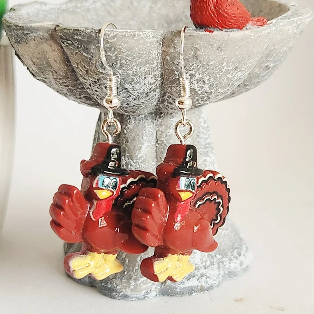 Thanksgiving Turkey Pilgrim Hat Drop Earrings‎ Red Holiday Seasonal Jewelry